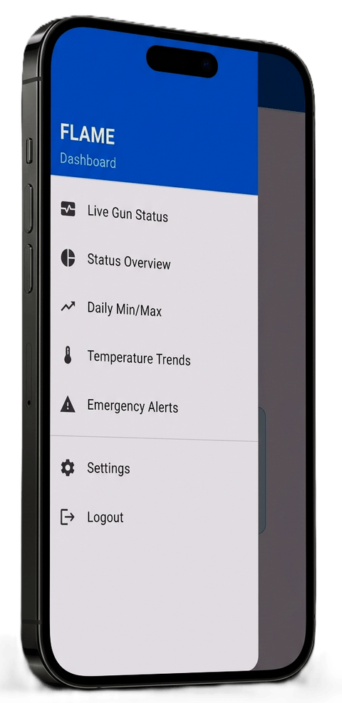 F.L.A.M.E Mobile navigation: live gun status, status overview, daily min/max, temperature trends, emergency alerts