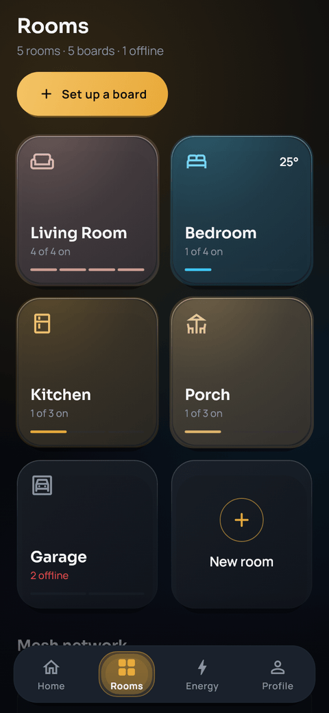 Artinium Rooms screen: Living Room, Bedroom, Kitchen, Porch and Garage tiles with their boards and the number of appliances on