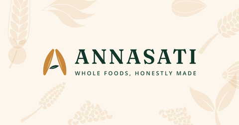 Annasati logo and the line 'Whole foods, honestly made' on a cream background with grain illustrations