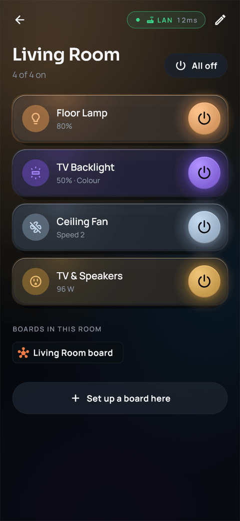 Artinium Living Room screen with one-tap controls for a floor lamp, TV backlight, ceiling fan and TV speakers