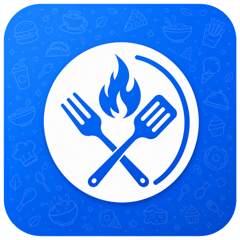 BenchBites logo: a white plate with a crossed fork, spatula and flame on a blue tile