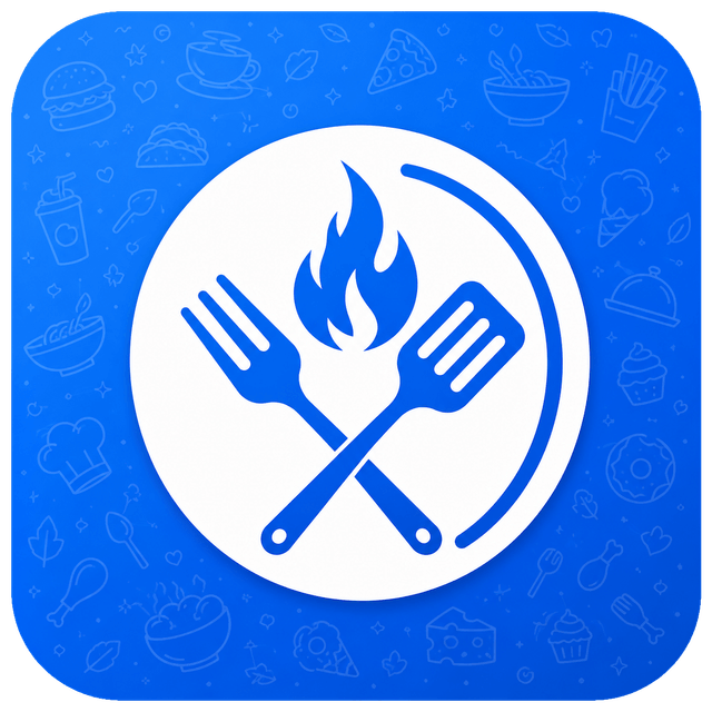 BenchBites logo: a white plate with a crossed fork, spatula and flame on a blue tile